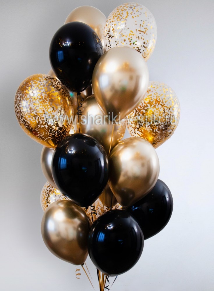 Набор шаров черный с золотым ХРОМ и конфетти